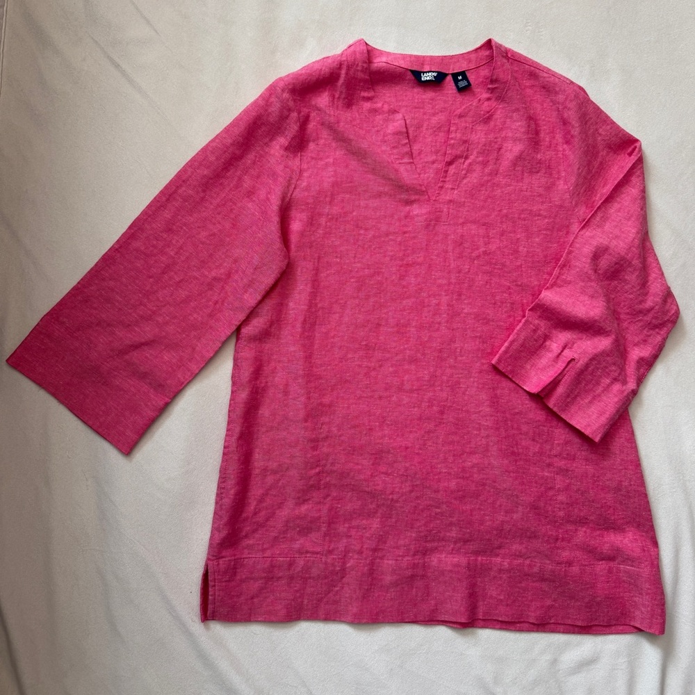 Lands End Fuchsia Pink V-Neck Tunic Blouse